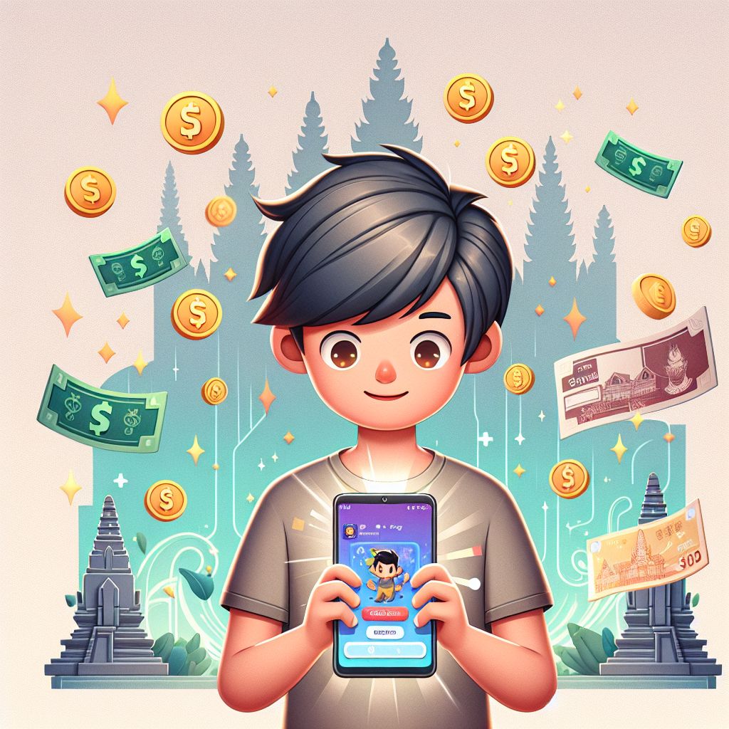 Cartoon character holding an Android phone with a PHP69 app screen and floating coins