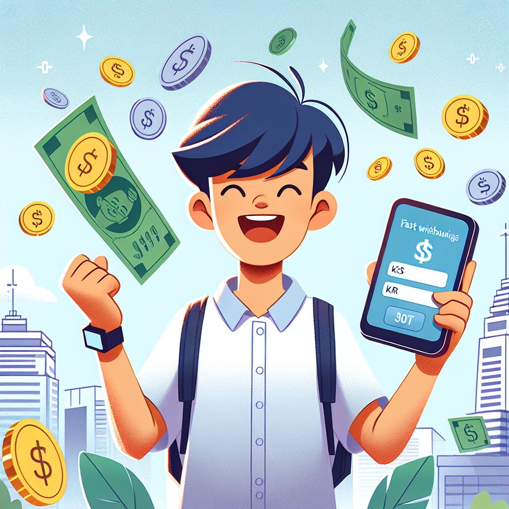 Cartoon mobile bettor with a smartphone, KHR notes, and a fast payout screen