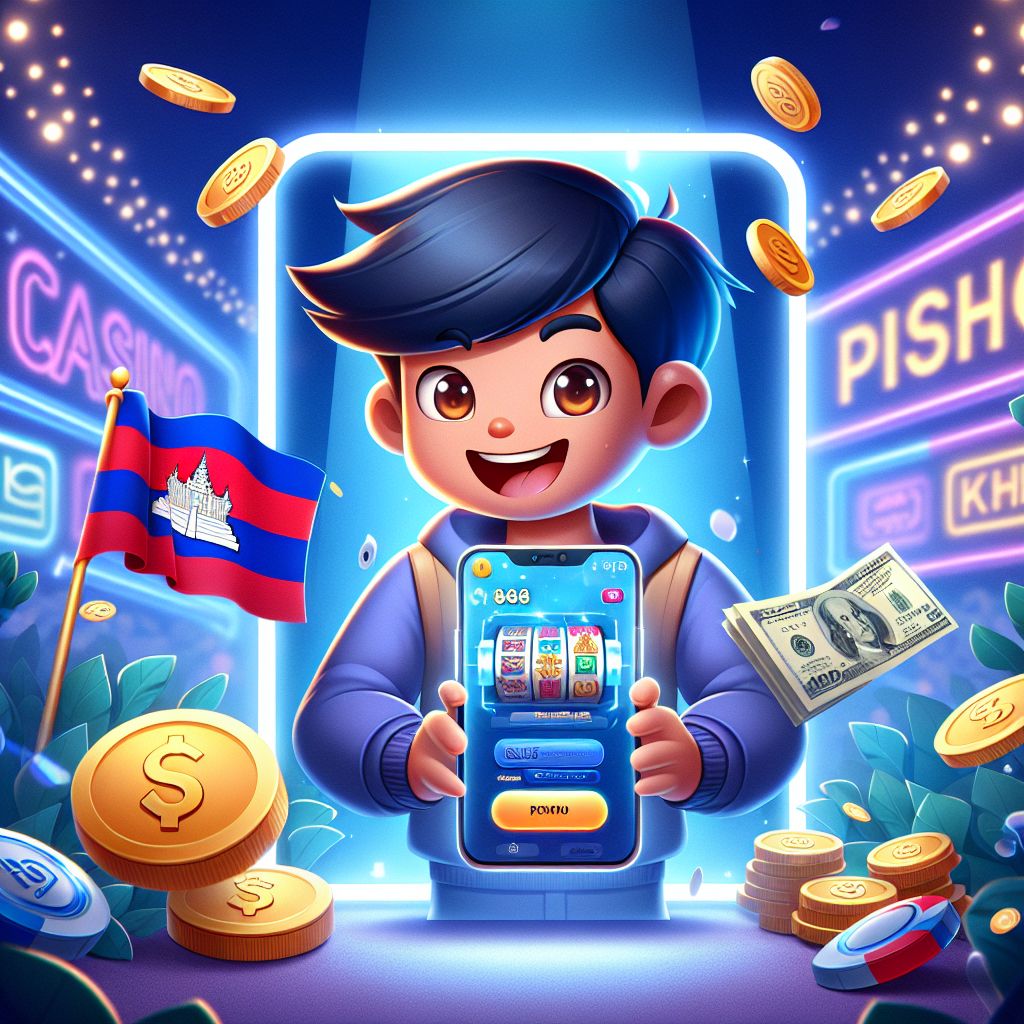 Cartoon casino character holding a phone with PHP69 Casino games and KHR coins