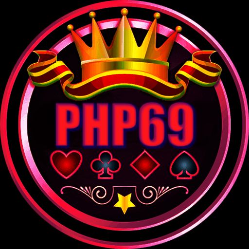PHP69 cartoon character holding a smartphone with KHR coins and a simple casino interface