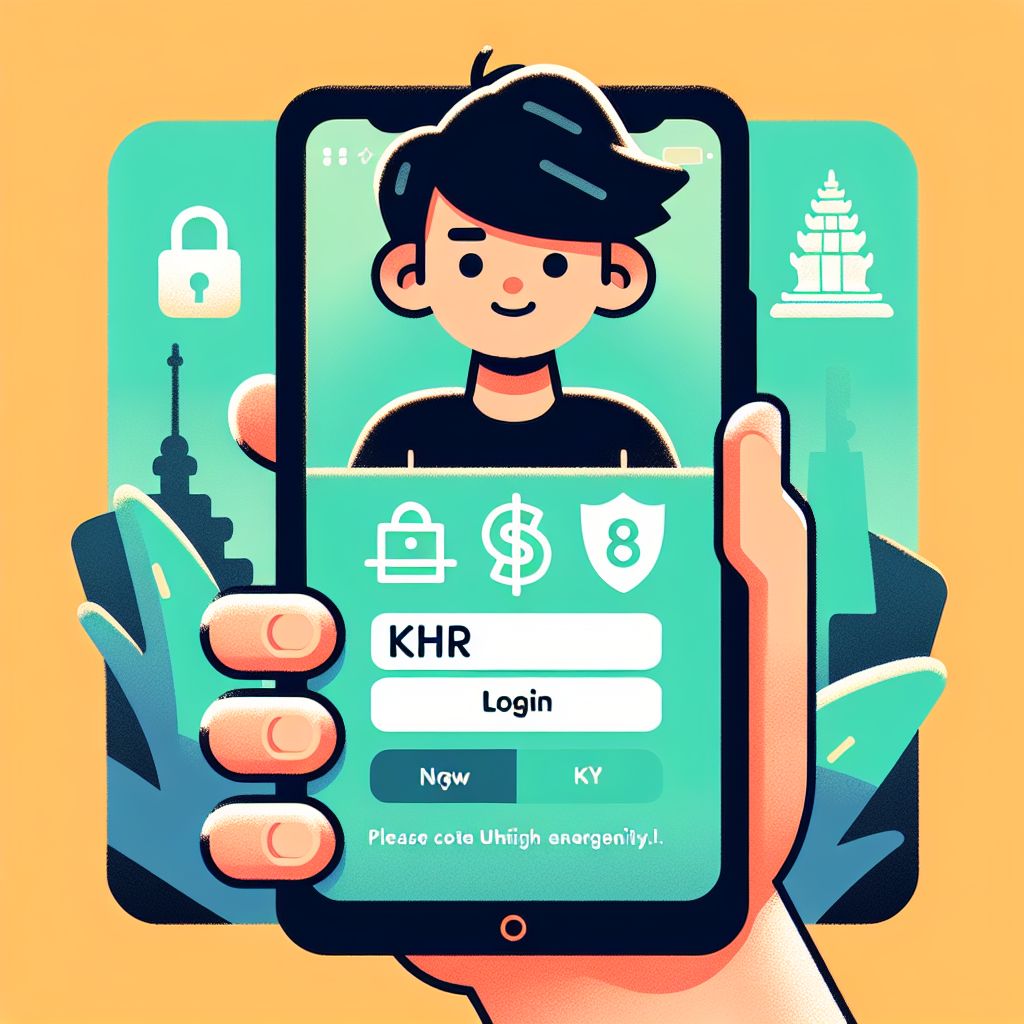 Cartoon mobile user logging into PHP69 with secure shield and KHR symbols