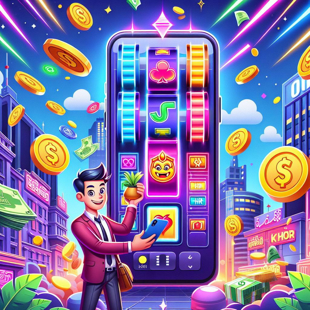 Cartoon character holding a phone with slot reels, coins, and bonus icons in a bright casino style